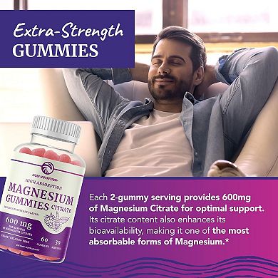 Magnesium Citrate Gummies 600 mg, Extra Strength Vegan Raspberry, 60 Count.