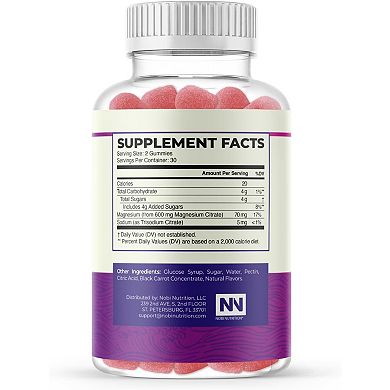 Magnesium Citrate Gummies 600 mg, Extra Strength Vegan Raspberry, 60 Count.