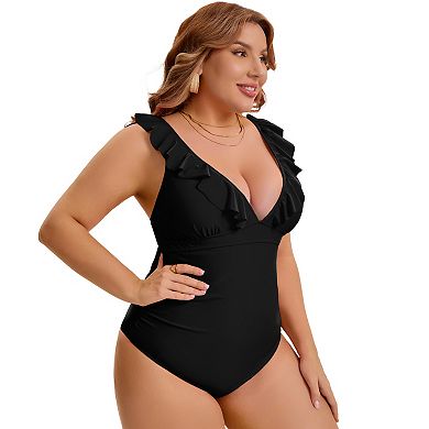 Women's Plus Size 1 Piece Swimsuit Ruffled V Neck Lace Up Tummy Control Push Up Bathing Suit