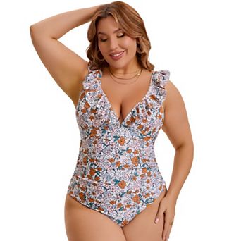 Women's Plus Size 1 pc Swimsuit Ruffled V Neck Lace Up Tummy Control Push Up Bathing Suit