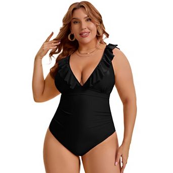 Women's Plus Size 1 pc Swimsuit Ruffled V Neck Lace Up Tummy Control Push Up Bathing Suit