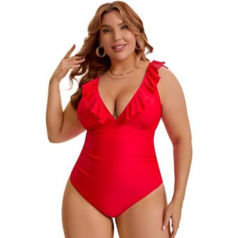 Women's Plus Size 1 pc Swimsuit Ruffled V Neck Lace Up Tummy Control Push Up Bathing Suit