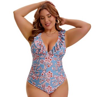 Women's Plus Size 1 pc Swimsuit Ruffled V Neck Lace Up Tummy Control Push Up Bathing Suit