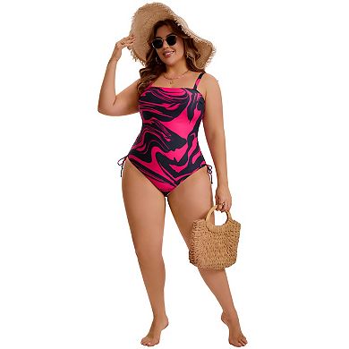 Women's Plus Size 1 Piece Swimsuit Print Tummy Control Suit Side Drawstring Ruched High Cut Swimwear
