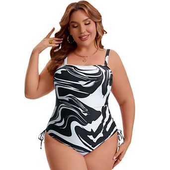 Women's Plus Size 1 pc Swimsuit Print Tummy Control Suit Side Drawstring Ruched High Cut Swimwear