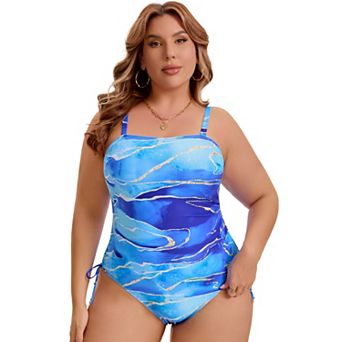 Women's Plus Size 1 pc Swimsuit Print Tummy Control Suit Side Drawstring Ruched High Cut Swimwear