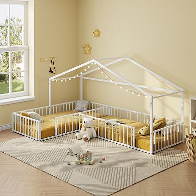 Merax Double Twin Size L-Shaped Montessori Bed, Metal Corner House Bed Frame with Fence