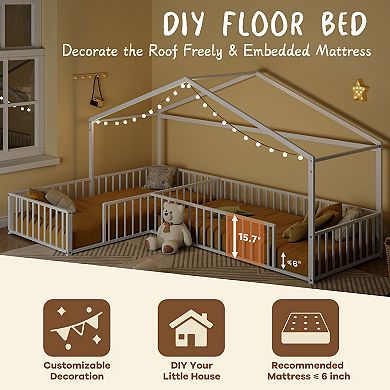 Merax Double Twin Size L-Shaped Montessori Bed, Metal Corner House Bed Frame with Fence