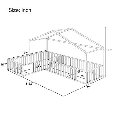 Merax Double Twin Size L-Shaped Montessori Bed, Metal Corner House Bed Frame with Fence