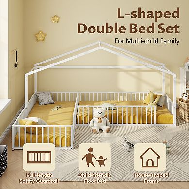 Merax Double Twin Size L-Shaped Montessori Bed, Metal Corner House Bed Frame with Fence