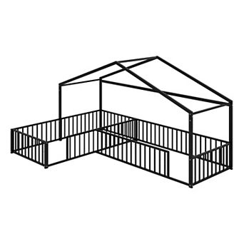 Merax Double Twin Size L-Shaped Montessori Bed, Metal Corner House Bed Frame with Fence