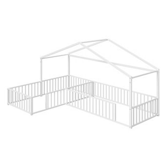 Merax Double Twin Size L-Shaped Montessori Bed, Metal Corner House Bed Frame with Fence