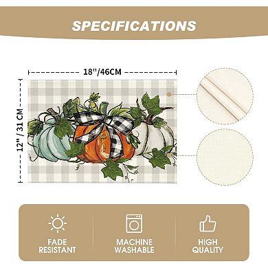 Pumpkins Eucalyptus Leaves Fall Placemats Set of 4, 12x18 Inch Autumn Vintage Table Mat