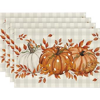 Pumpkins Eucalyptus Leaves Fall Placemats Set of 4, 12x18 Inch Autumn Vintage Table Mat