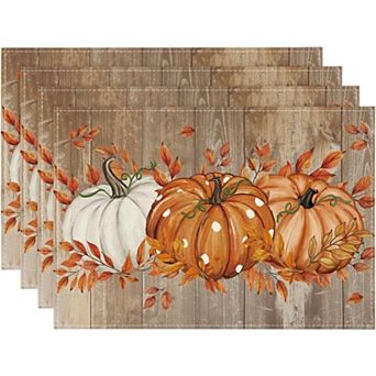 Pumpkins Eucalyptus Leaves Fall Placemats Set of 4, 12x18 Inch Autumn Vintage Table Mat