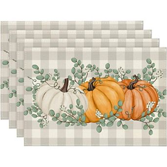 Pumpkins Eucalyptus Leaves Fall Placemats Set of 4, 12x18 Inch Autumn Vintage Table Mat