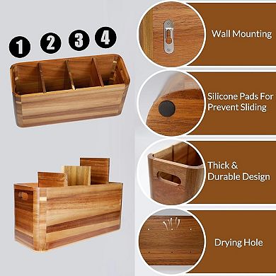 Wooden Kitchen Utensil Holder with 4 Compartments for Countertop Storage