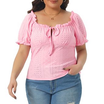 Women's Plus Size Top Square Neck Bow Tie Front Short Sleeve Summer Cute Crop Blouse
