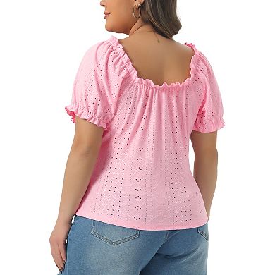 Women's Plus Size Top Square Neck Bow Tie Front Short Sleeve Summer Cute Crop Blouse
