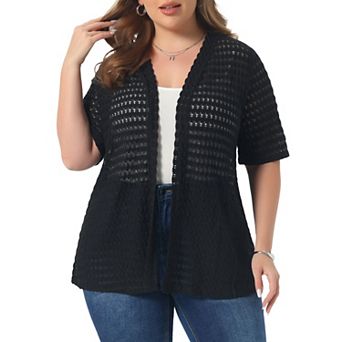Women's Plus Size Cardigan Lace Hollow Out Short Sleeve Cardigan Open Front Cover Up Crochet