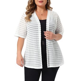 Women's Plus Size Cardigan Lace Hollow Out Short Sleeve Cardigan Open Front Cover Up Crochet