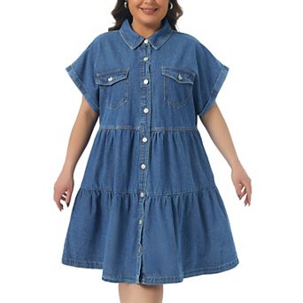 Women's Plus Size Denim Babydoll Dress Button Down Short Sleeve Tiered with Pockets Jean Dress