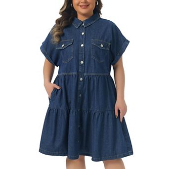 Women's Plus Size Denim Babydoll Dress Button Down Short Sleeve Tiered with Pockets Jean Dress