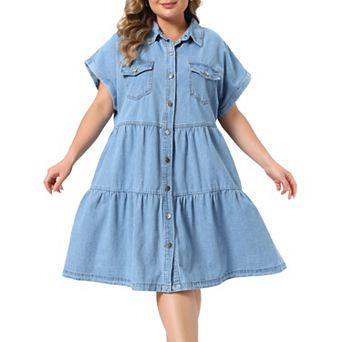 ELOQUII Women's Plus Size V Neck Flare Denim Dress