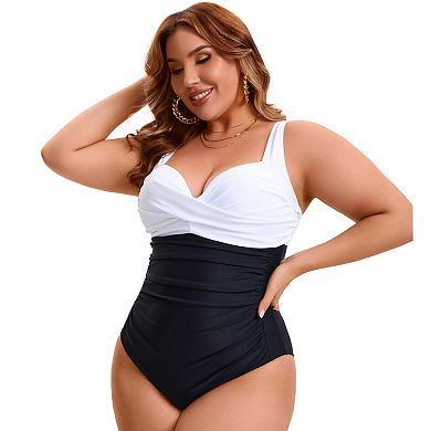 Women's Plus Size 1 Pc Swimsuit Front Cross V-neck Retro Ruched Tummy Control Push Up Bathing Suit