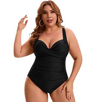 Women's Plus Size 1 pc Swimsuit Front Cross V-neck Retro Ruched Tummy Control Push Up Bathing Suit