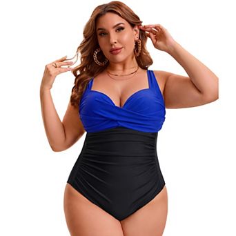 Women's Plus Size 1 pc Swimsuit Front Cross V-neck Retro Ruched Tummy Control Push Up Bathing Suit