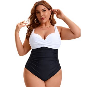 Women's Plus Size 1 pc Swimsuit Front Cross V-neck Retro Ruched Tummy Control Push Up Bathing Suit