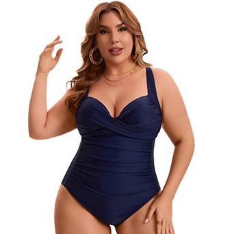 Women's Plus Size 1 pc Swimsuit Front Cross V-neck Retro Ruched Tummy Control Push Up Bathing Suit