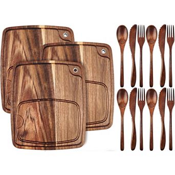 16 pc Acacia Wooden Steak Plates Board Serving Tableware Set Include Wooden Plates