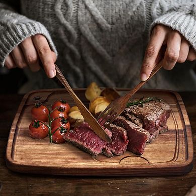 16 Pcs Acacia Wooden Steak Plates Board Serving Tableware Set Include Wooden Plates