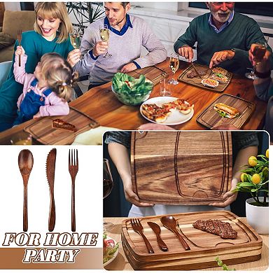 16 Pcs Acacia Wooden Steak Plates Board Serving Tableware Set Include Wooden Plates
