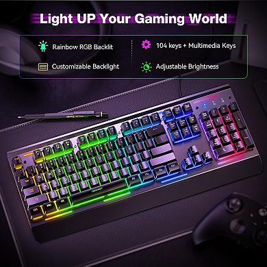 Gaming Keyboard, USB Wired Computer Keyboard, 15-Zone RGB Illumination, IP32 Water Resistance