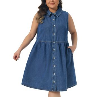 Women's Plus Size Denim Dress Sleeveless Babydoll Button Down Midi Jean Dresses Summer