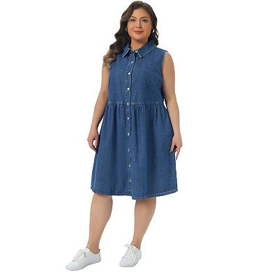 Women's Plus Size Denim Dress Sleeveless Babydoll Button Down Midi Jean Dresses Summer