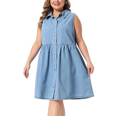 denim dress 2x Women's Plus Size Denim Dress Sleeveless Babydoll Button Down Midi Jean Dresses Summer