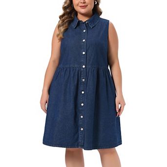 Women's Plus Size Denim Dress Sleeveless Babydoll Button Down Midi Jean Dresses Summer
