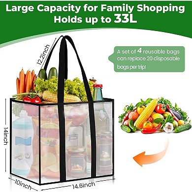 Great Ambitions 4-Pack Heavy-Duty Reusable Grocery Bags, Water-Resistant & Foldable 33L