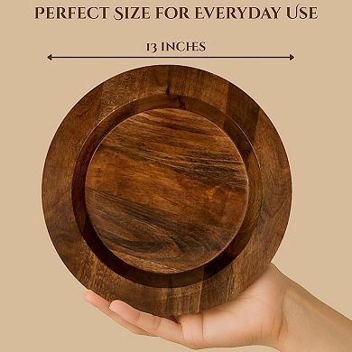 Wooden Serving Platter Set of 2-13" Handcrafted Serving Plates - Round Rustic Natural Tableware