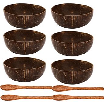 6 Pack Coconut Bowl with 4 Wooden Spoon, 15 Oz Polished Coconut Bowls, Natural Wood Set