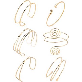 6 Gold Arm Cuff Bracelets - Adjustable Boho Style for Women