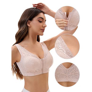 2 Packs Women's Lace Zip Front Closure Full Coverage Wirefree Wide Straps V Back Padded Bras
