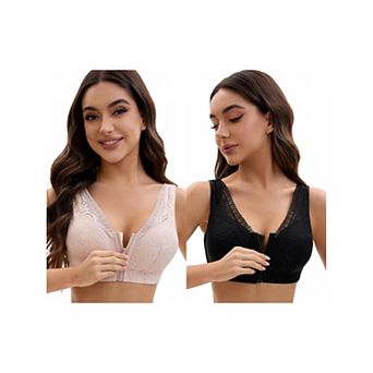 2 Packs Women's Lace Zip Front Closure Full Coverage Wirefree Wide Straps V Back Padded Bras