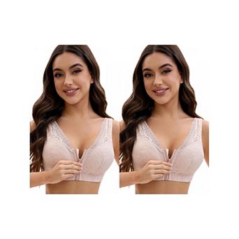 2 Packs Women's Lace Zip Front Closure Full Coverage Wirefree Wide Straps V Back Padded Bras