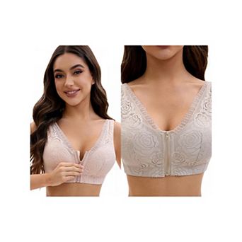 2 Packs Women's Lace Zip Front Closure Full Coverage Wirefree Wide Straps V Back Padded Bras