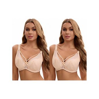 2 Packs Women's Lace Mesh Full Coverage Underwire Soft Cup Light and Breathable Push Up Bras